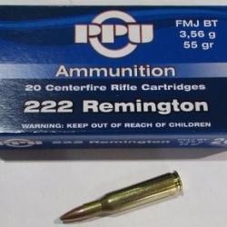 5 boite neuve de 20 cartouches Partizan  de calibre 222 Remington, 55 grains , FMJ BT