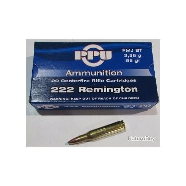 1 boite  neuve de 20 cartouches Partizan  de calibre 222 Remington, 55 grains , FMJ BT