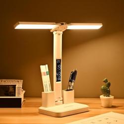 Lampe de Bureau LED Rechargeable 3600mAh Double Tête Réglage Luminosité 3 Couleurs Affichage Heure D