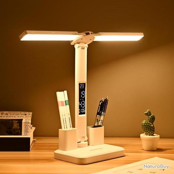 Lampe de Bureau LED Rechargeable 3600mAh Double Tte Rglage Luminosit 3 Couleurs Affichage Heure D