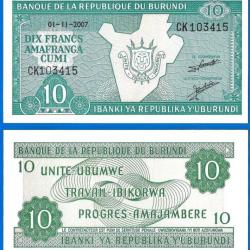 Burundi 10 Francs 2007 Billet Embleme Afrique