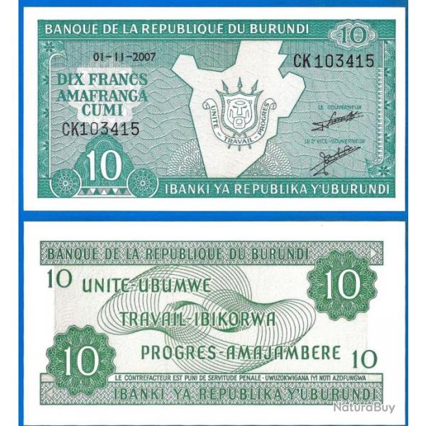 Burundi 10 Francs 2007 Billet Embleme Afrique