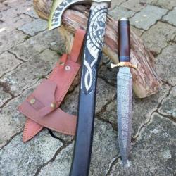 Set De Viking : Hache Lame Acier Carbone 1055 Manche Bois Etui Cuir + Couteau Dague Damas Artisanale