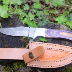 Couteau Skinner Damas Lame Acier 256 Couches Manche Bois Purple Etui Cuir Fabrication Artisanale