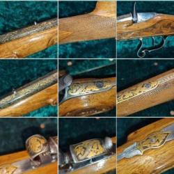 Magnifique carabine de luxe signée Flobert 5,5 22 bosquette gravée main , dorée et crosse sculptée