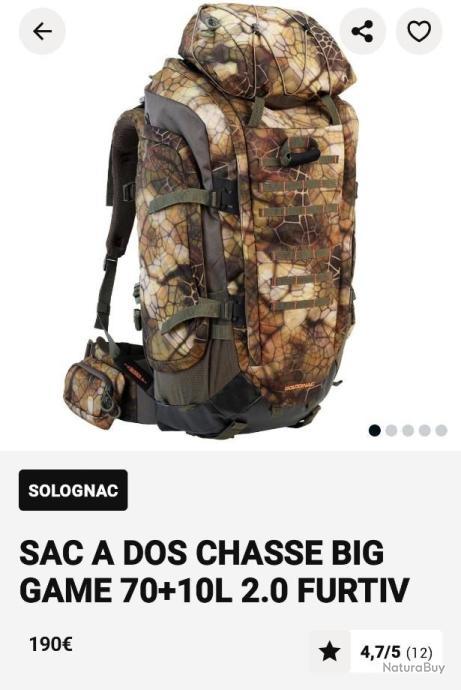 Sac de chasse 70 litres 10 litres Decathlon