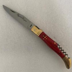 Couteau de poche Le Bougna 22 cm ouvert manche en bois coloré rouge et tir bouchon.