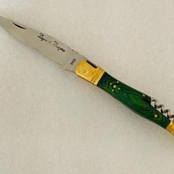 Couteau de poche Le Bougna 22 cm ouvert manche en bois coloré vert avec tir bouchon.
