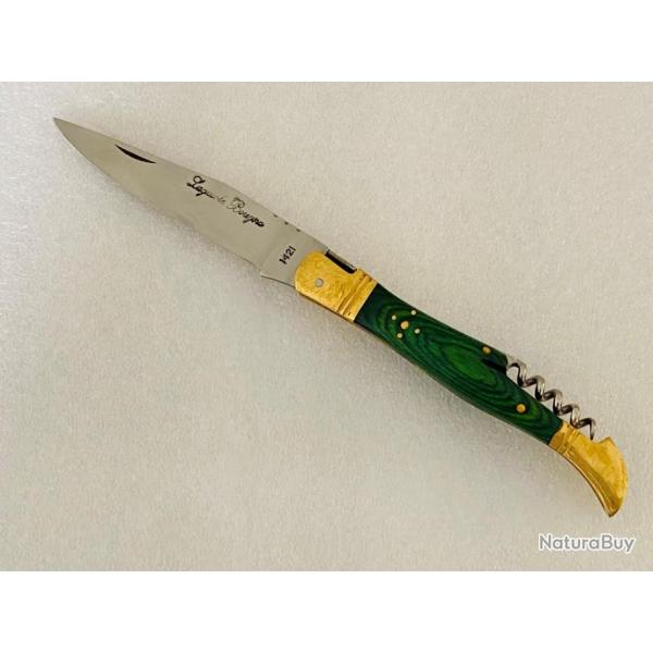 Couteau de poche Le Bougna 22 cm ouvert manche en bois color vert avec tir bouchon.