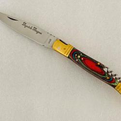 Couteau de poche Le Bougna 22 cm ouvert manche en bois coloré multicolore avec tir bouchon.