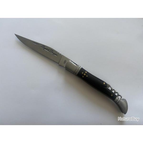 Couteau de poche Le Bougna 22 cm ouvert manche en corne noire et tir bouchon.