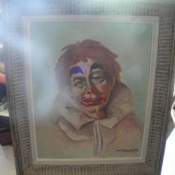 peinture à l'huile d'un clown triste signe j c puvira 1979