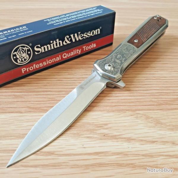 Couteau Smith&Wesson Unwavered Semi Auto Lame Acier 8Cr13MoV Manche Bois Mitres Dcores SW1208413