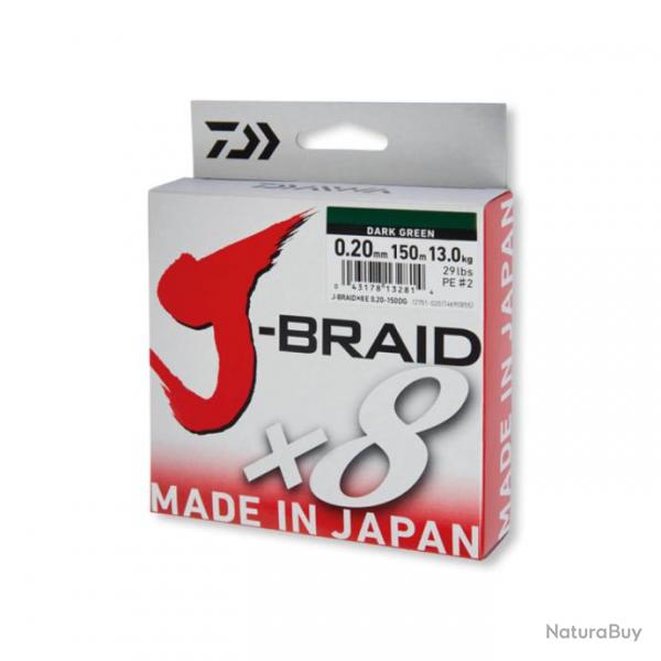 Tresse J-BRAID X8 Vert fonc 150 m - DAIWA  0,10mm