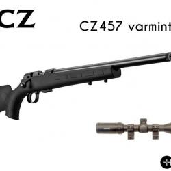 Pack carabine CZ 457 Varmint Synthétique .22 LR + Hawke 4-16x50 + Bipied + Cibles et 4 boîtes Geco.