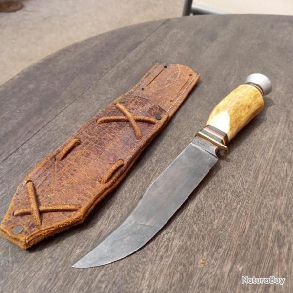 Magnifique couteau de Chasse ALLEMAND de SOLINGEN Manche en Bois de Cerf avec tui en cuir