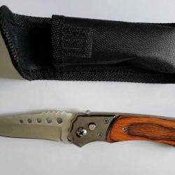 couteau de poche pliant 11cm acier/bois couleur inox avec étuis
