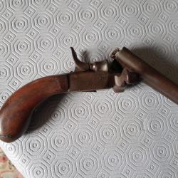 PISTOLET DE BRACONNIER DOUBLES CANONS A CHIEN PERCUSSION CENTRALE CALIBRE 12 MM OLD POACHER GUN
