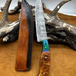 Couteau chasse lame damas 256 couches Manche en bois d'olivier  ref D48
