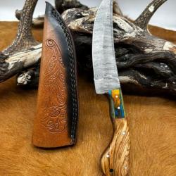 Couteau chasse lame damas 256 couches Manche en bois d'olivier  ref D55