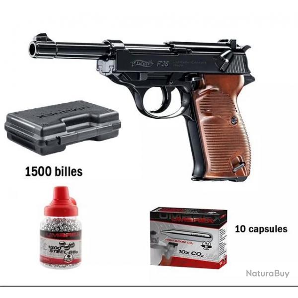 Pack PISTOLET CO2 WALTHER P38 METAL BB'S CAL. 4,5 MM 