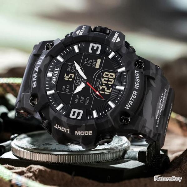 Montre - Bracelet Militaire  Quartz Numrique Digitale - Fonctions - Alarme - Chronomtre Noir