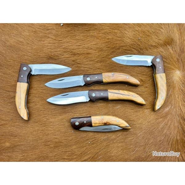 Lot de 5 couteaux de poche manche bois olivier Ref 2035 taille 16cm avec gravure prnom offert