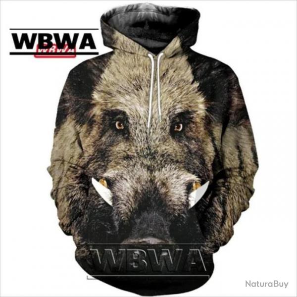 WBWA Sweat Floquer 3D avec Tte de Sanglier R315