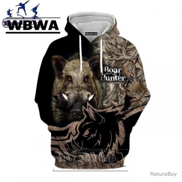 WBWA Sweat Floquer 3D avec Tte de Sanglier R376