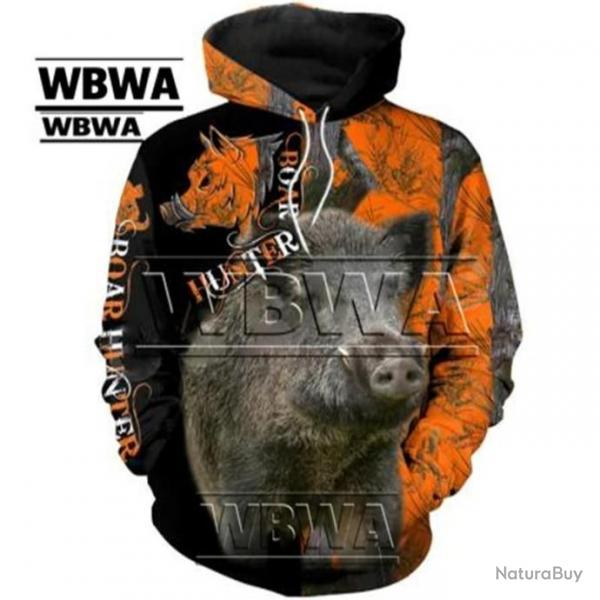 WBWA Sweat Floquer 3D avec Tte de Sanglier R508