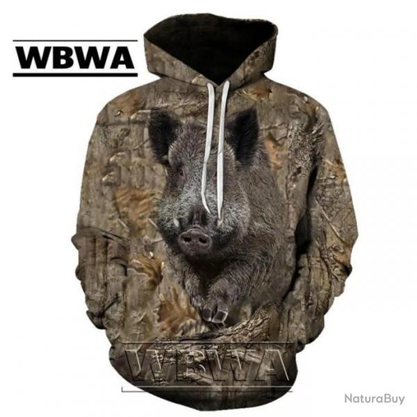 WBWA Sweat Floquer 3D avec Tte de Sanglier R169