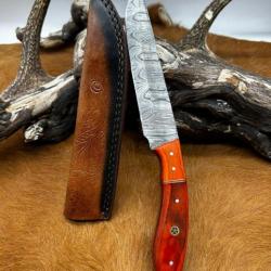 Couteau chasse lame damas 256 couches Manche en bois d'olivier coloré ref D81