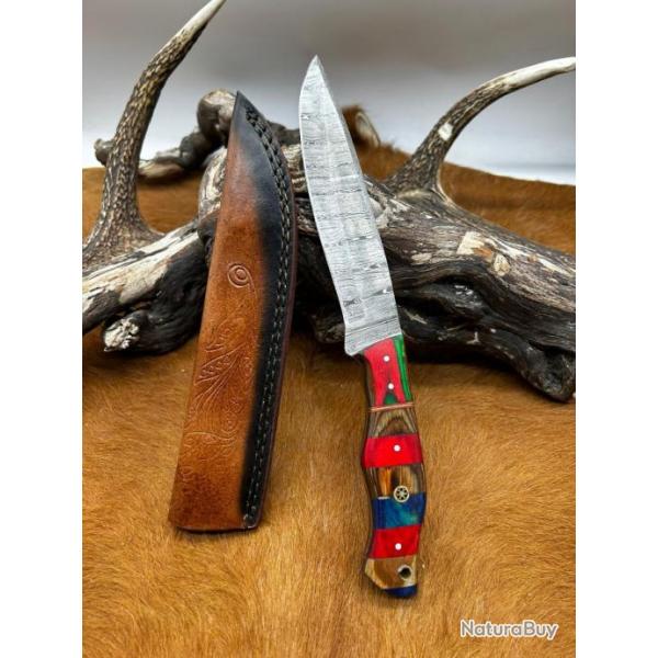 Couteau chasse lame damas 256 couches Manche en bois d'olivier color ref D83