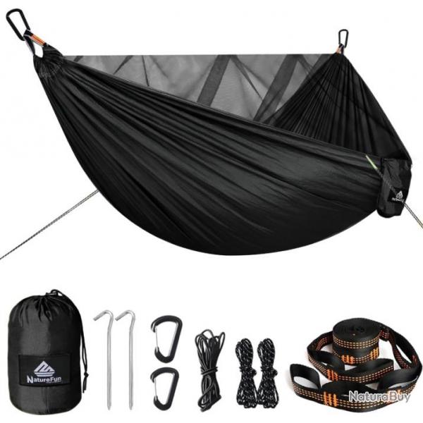 Hamac Lger 290x140cm 2 Places Moustiquaire Nylon Parachute Charge 300kg Bivouac Randonne Noir