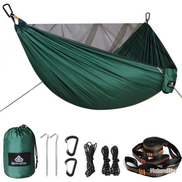 Hamac Lger 290x140cm 2 Places Moustiquaire Nylon Parachute Charge 300kg Bivouac Randonne Vert