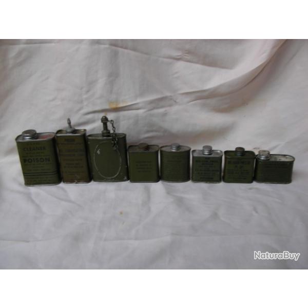 WW2 US LOT DE 8 FLACONS/BURETTES MILITAIRES DIFFERENTS MODELES AMERICAINS NETTOYAGE ARMEMENT