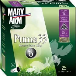 BOITE DE 25 CARTOUCHES MARY ARM PUMA 33G BOURRE JUPE CAL.12 70 PLOMB