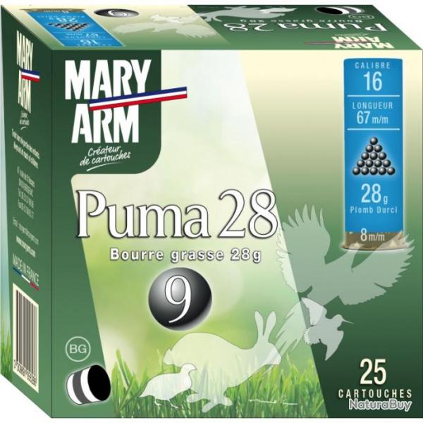 BOITE DE 25 CARTOUCHES MARY ARM PUMA 28G BOURRE GRASSE CAL.16 67 PLOMB
