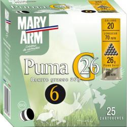 BOITE DE 25 CARTOUCHES MARY ARM PUMA 26G BOURRE GRASSE CAL.20/70 PLOMB 6