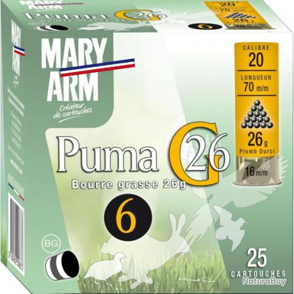 BOITE DE 25 CARTOUCHES MARY ARM PUMA 26G BOURRE GRASSE CAL.20 70 PLOMB