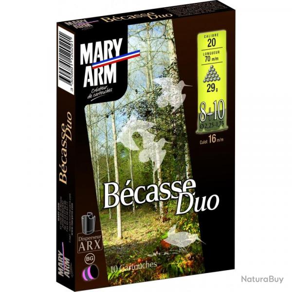BOITE DE 10 CARTOUCHES MARY ARM BECASSE DUO 29G BOURRE ARX+GRASSE CAL.20/70 PLOMB 8+10