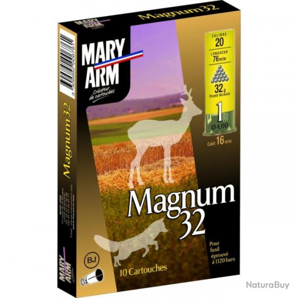 BOITE DE 10 CARTOUCHES MARY ARM MAGNUM 32G BOURRE JUPE CAL.20 76 PLOMB NICKEL