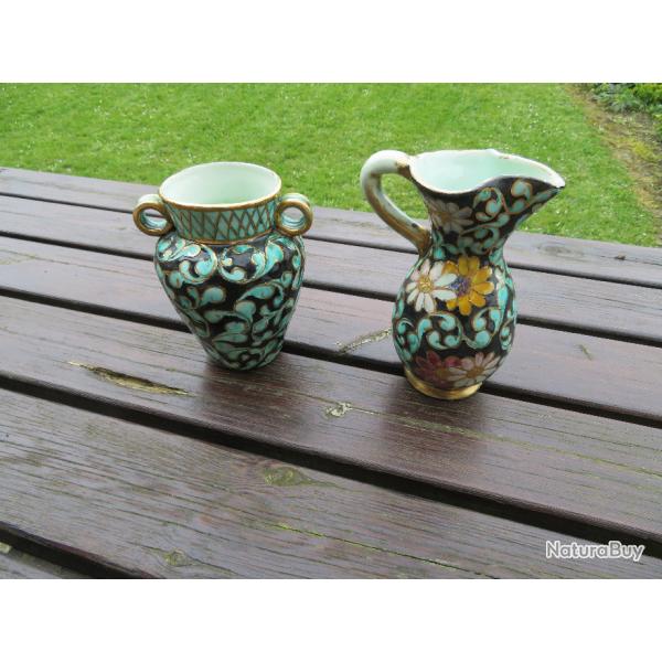 VINTAGE - Ensemble Vase  anses et aiguire de couleur bleu turquoise, sign ERLY-FRANCE (Vers 1960)