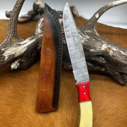 Couteau chasse lame damas 256 couches Manche en os d'olivier coloré  ref D89