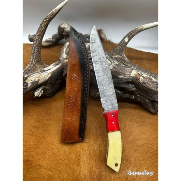 Couteau chasse lame damas 256 couches Manche en os d'olivier color  ref D89