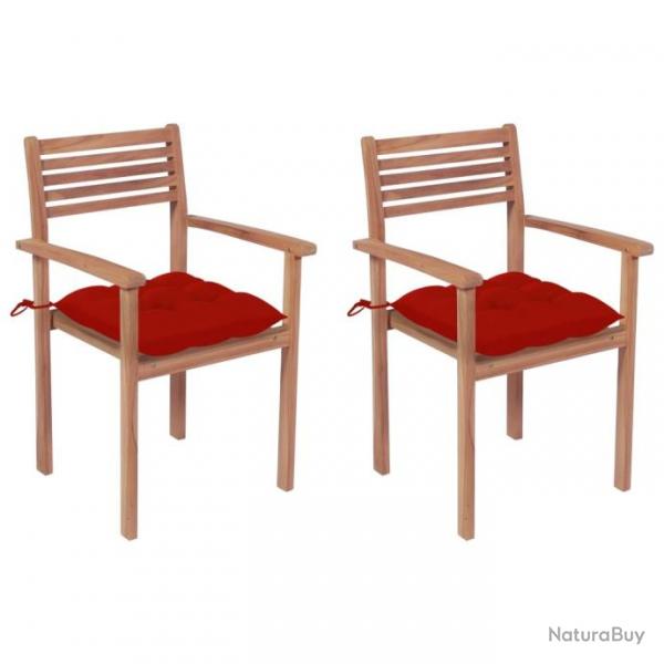 Chaises de jardin 2 pcs avec coussins rouge Bois de teck massif