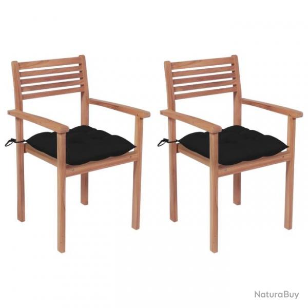 Chaises de jardin 2 pcs avec coussins noir Bois de teck massif