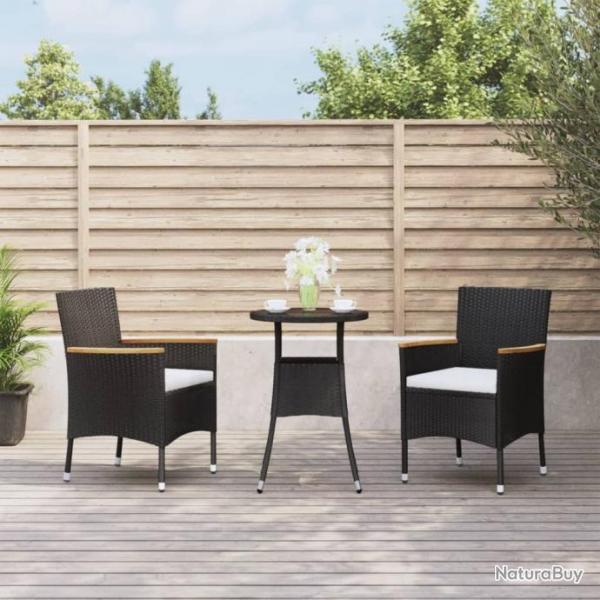 bistro de jardin 3 pcs coussins noir poly rotin