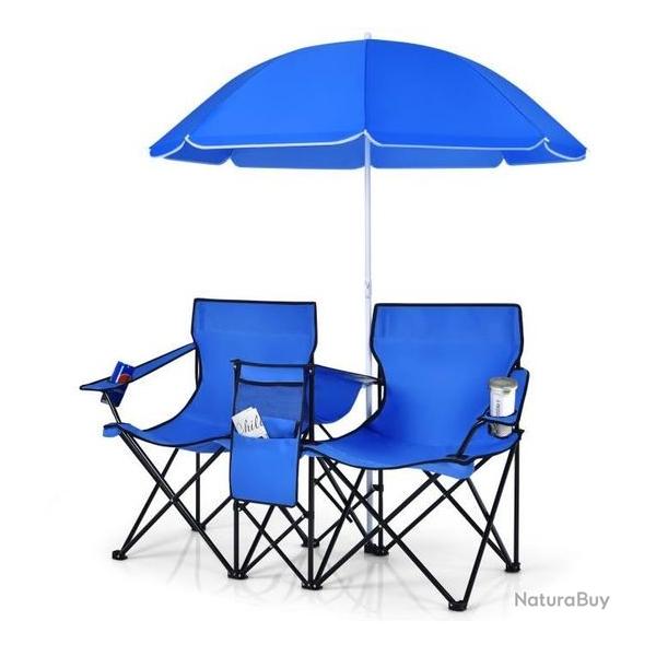 Chaise/Fauteuil Camping Pliante 2 Places Sac Isotherme Parasol Porte-Gobelet Charge 270 KG Bleu