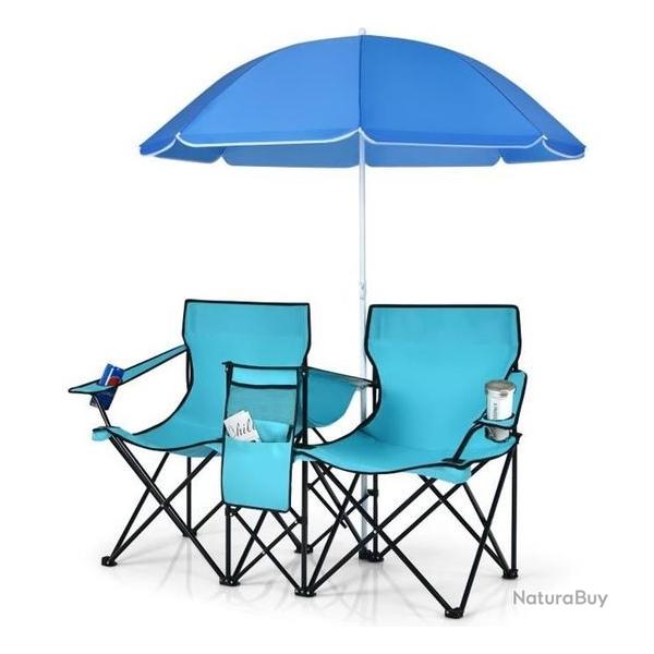 Chaise/Fauteuil Camping Pliante 2 Places Sac Isotherme Parasol Porte-Gobelet Charge 270 KG Vert